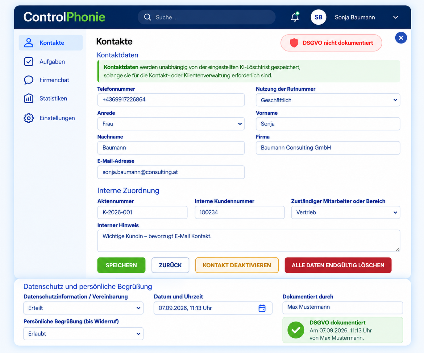 ControlPhonie Kontaktverwaltung und Datenschutz