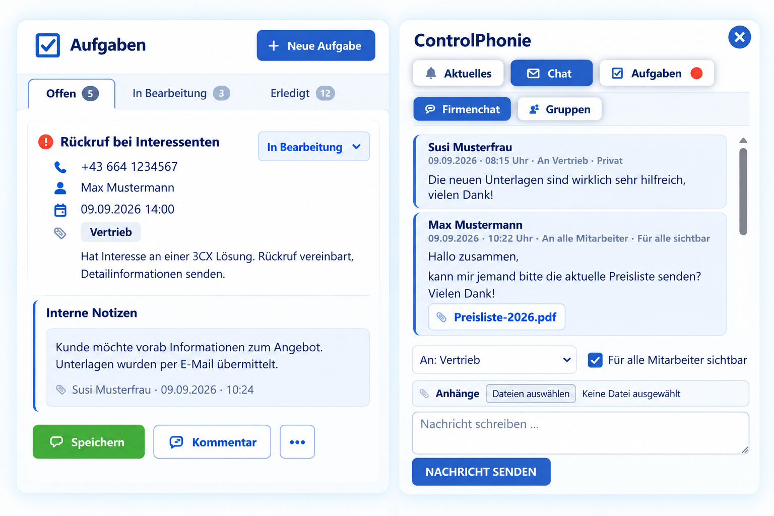 ControlPhonie Aufgabenverwaltung und Firmenchat