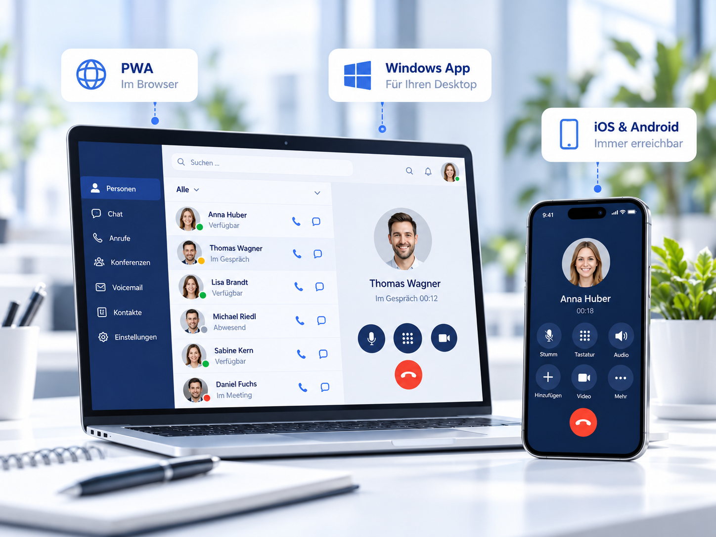 3CX im Browser, als Windows App sowie auf iOS und Android